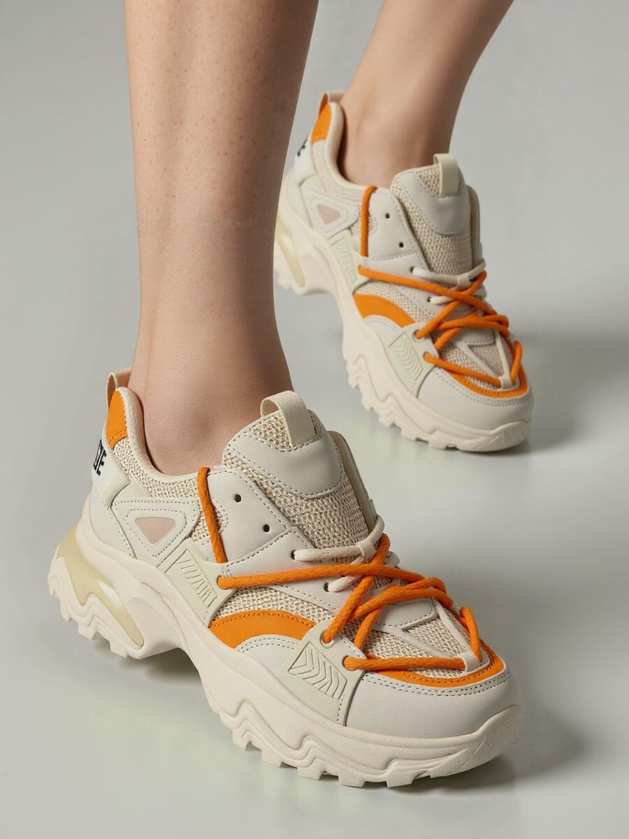 Chunky Sneakers With Neon Accents, Minimalist And Practical Multi-Functional - Beige - View 1