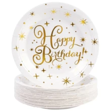 Happy Birthday Paper Plates 10/20/30 Pack Party Supplies 7inch White Gold Party Dessert Plates Round Plates For New Year Birthday BabyShowers Wedding Party Decorations - Multicolor - View 2