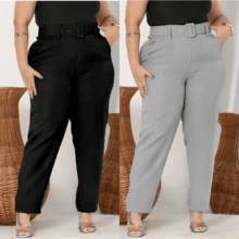 Kit 2 Pants Plus Belt Tailoring Plus Size High Waist Elegant Casual Promotion - 黑色+灰色 - 查看 1