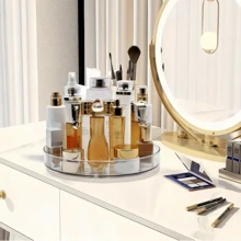 1pc 360° Rotating Clear Plastic Tray, Suitable For Makeup, Bathroom & Kitchen Organization