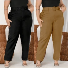 Kit 2 Pants Plus Belt Tailoring Plus Size High Waist Elegant Casual Promotion - 黑色+卡其色 - 查看 1