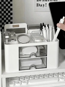 1 pieza Caja de almacenamiento para escritorio, con 4 cajones, caja de almacenamiento para bolígrafos y tarjetas de escritorio, apta para escritorios, cajas de almacenamiento de cosméticos, accesorios de escritorio de oficina, apta para oficinas, hogares, escuelas. Útil para vuelta al cole, útiles escolares, estuche para lápices, bolsa escolar