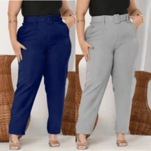 Kit 2 Calças mais Cinto Alfaiataria plus Size Cintura Alta elegante  casual Promoção - Marinho+Cinza - Visão 1