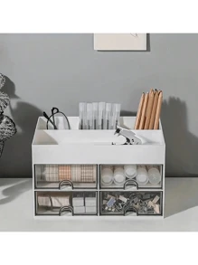 1 pieza Caja de almacenamiento para escritorio, con 4 cajones, caja de almacenamiento para bolígrafos y tarjetas de escritorio, apta para escritorios, cajas de almacenamiento de cosméticos, accesorios de escritorio de oficina, apta para oficinas, hogares, escuelas. Útil para vuelta al cole, útiles escolares, estuche para lápices, bolsa escolar