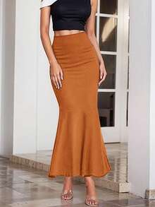 Elegant Mermaid Tail Skirt, High-Waisted Fitted Design, Ruffle Hem, Stretchy Polyester Blend Fabric, Machine Washable, Suitable For All Seasons - Light Brown - View 3