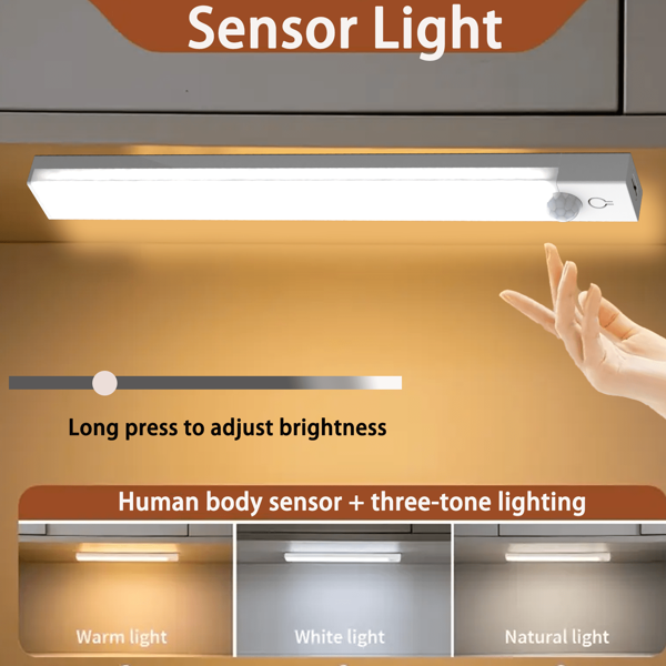 NBBUFF Luz LED con sensor de movimiento recargable por USB para gabinete, luz con sensor de Body humano con tres tonos de luz y ajuste de brillo, batería de gran capacidad, adecuada para habitaciones, iluminación nocturna, perfecta para hoteles, bares, decoración del hogar en la cocina, barra de luz LED