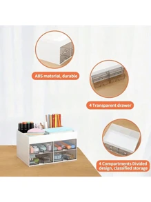 1 pieza Caja de almacenamiento para escritorio, con 4 cajones, caja de almacenamiento para bolígrafos y tarjetas de escritorio, apta para escritorios, cajas de almacenamiento de cosméticos, accesorios de escritorio de oficina, apta para oficinas, hogares, escuelas. Útil para vuelta al cole, útiles escolares, estuche para lápices, bolsa escolar
