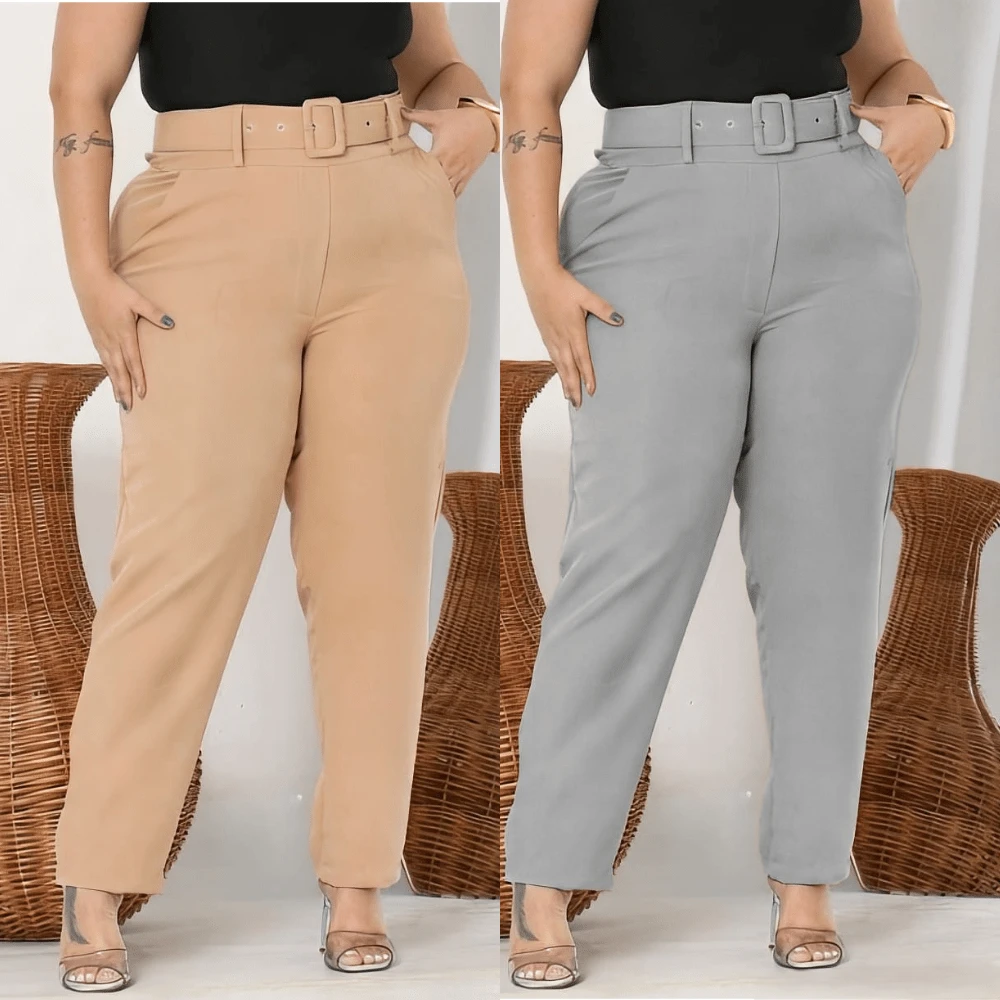Kit 2 Pants Plus Belt Tailoring Plus Size High Waist Elegant Casual Promotion - 米色+灰色 - 查看 1