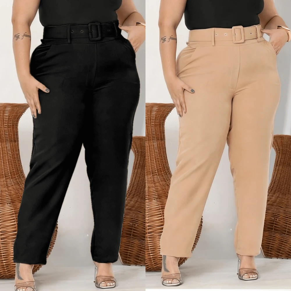 Kit 2 Pants Plus Belt Tailoring Plus Size High Waist Elegant Casual Promotion - 黑色+米色 - 查看 1