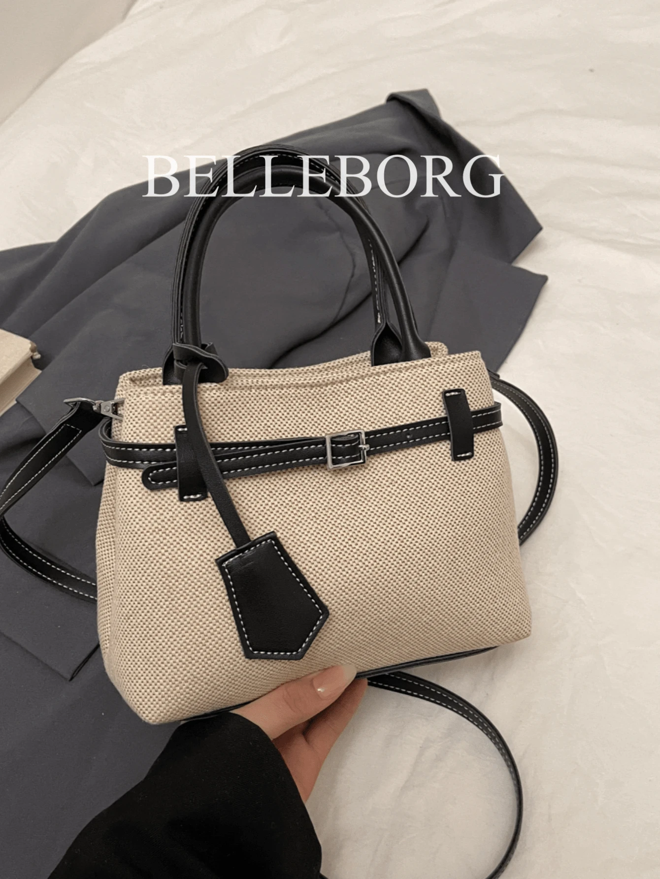 BELLEBORG 高級休閒拼色通勤復古帆布扣環百搭女款手提包小方包 - 黑色 - 查看 1