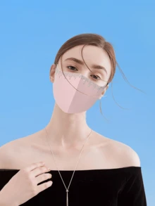 Rhinestone Decorated Fringe Thin Breathable Ice Silk Face Mask With Crystals,Solid Color Sun Protection,Summer