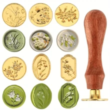 Set de ștampile din ceară din aliaj de aur, 6 bucăți, cu mâner de lemn înlocuibil - pisică cu model de camelie pentru invitații, felicitări, plicuri și ambalaje de cadouri, ștampile, modele florale