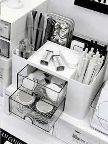 1 pieza Caja de almacenamiento para escritorio, con 4 cajones, caja de almacenamiento para bolígrafos y tarjetas de escritorio, apta para escritorios, cajas de almacenamiento de cosméticos, accesorios de escritorio de oficina, apta para oficinas, hogares, escuelas. Útil para vuelta al cole, útiles escolares, estuche para lápices, bolsa escolar