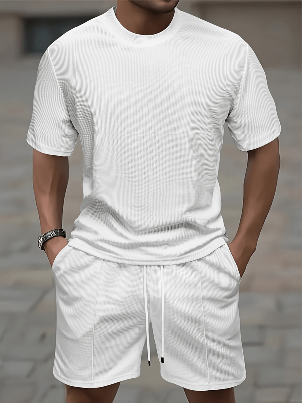 Men Waffle T-Shirt And Drawstring Shorts 2-Piece Casual Suit, Suitable For Boyfriend/Husband Gift, Casual Drawstring Summer Set