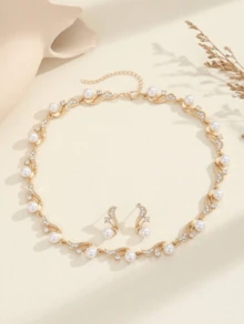 3pcs Elegant Women Jewelry Set, Cubic Zirconia & Faux Pearl Gold Plated Necklace And Earrings, Fashion Accessories For Women, Perfect For Summer, Parties, Photos, Dates, Engagements, Gift For Girlfriend, Mother - Yellow Gold - View 6