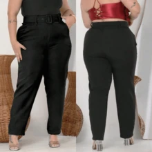 Kit 2 Pants Plus Belt Tailoring Plus Size High Waist Elegant Casual Promotion - 黑色+黑色 - 查看 2
