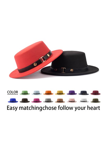 1pc Women's Elegant Symbol Symmetrical Rivet Leather Belt & Felt Hat Flat Top Cap, Suitable For Everyday And Holidays Wear