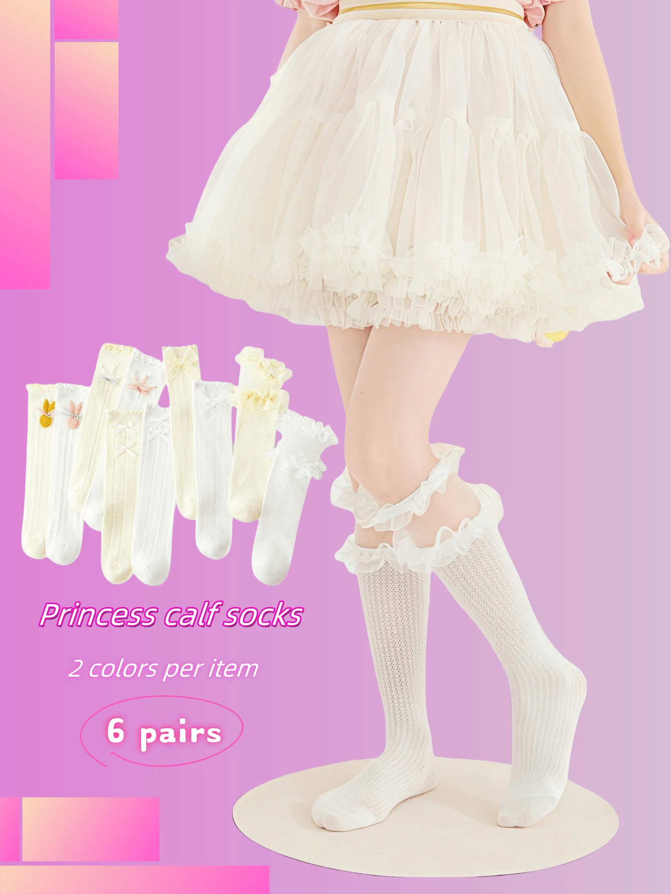 6 Pairs Girls Spring/Summer Thin Breathable Soft Mesh Net Princess Style Sock Set With Bow, Lace, Crown, Rabbit Embroidery, Knee High & Calf Length Fashion Designs - Multicolor - View 1