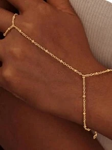 1 Pc Vintage Boho Personalized Plain Circle Beaded Satellite Chain Adjustable Finger Ring Chain Bracelet, Beach Holidays Durable Elegant Daily Accessory For Women