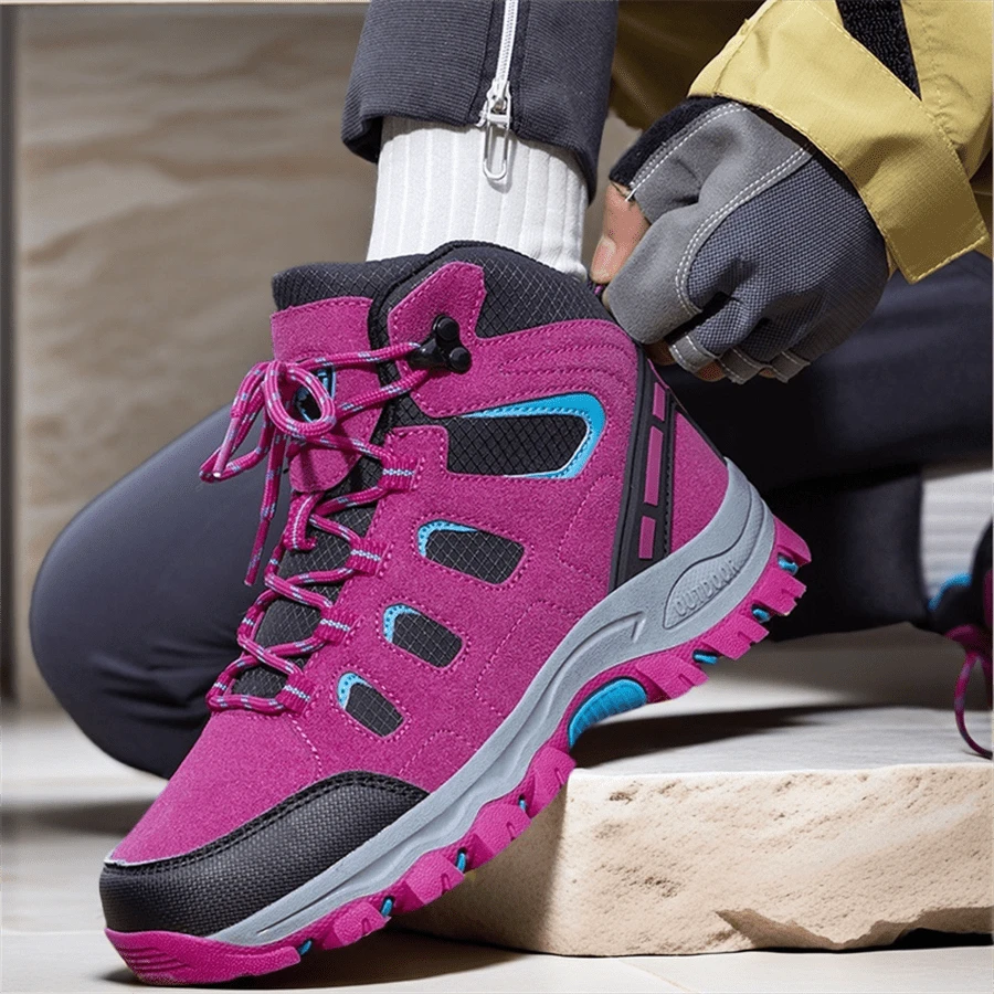 Women's Outdoor Sports Shoes, Fashionable Ladies Hiking Shoes, Durable, Comfortable, Non-Slip, Breathable High-Quality Outdoor Women's Sports Shoes, Round Toe Lace-Up, Lightweight, Wear-Resistant, Anti-Collision, Hiking Travel Shoes For Women - Rose Red (S9962) - View 1