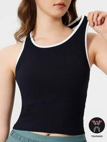 Slim Fit Top,Women's Summer Ribbed Knit Sports Tank Top - Black - View 4