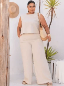 Conjunto Feminino em Linho Plus Size e Slim Alfaiataria Social M G G1 G2 Calça Pantalona e Blusa Elegante Confortável Look Social Elegante Verão - Bege - Visão 3
