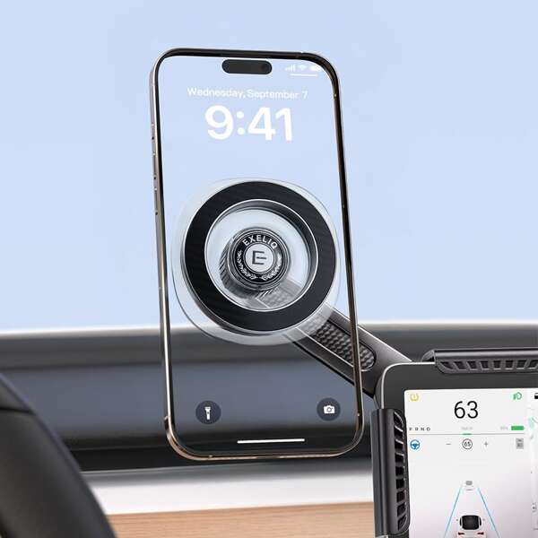 exeliq Tesla Phone Mount For MagSafe Model 3 / Y Accessories Magnetic Car Phone Holder Flip Cover Design Tesla Phone Holder For IPhone 16 15 14 13 12 Pro Max All Phones Compatible With MagSafe Case Compatible With IPhone, Android Phone, Gift For Birthday, Family, Friends Car Accessories