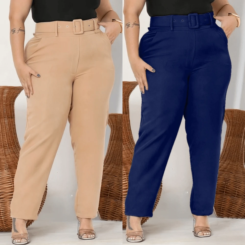 Kit 2 Pants Plus Belt Tailoring Plus Size High Waist Elegant Casual Promotion - 米色+海軍藍 - 查看 1
