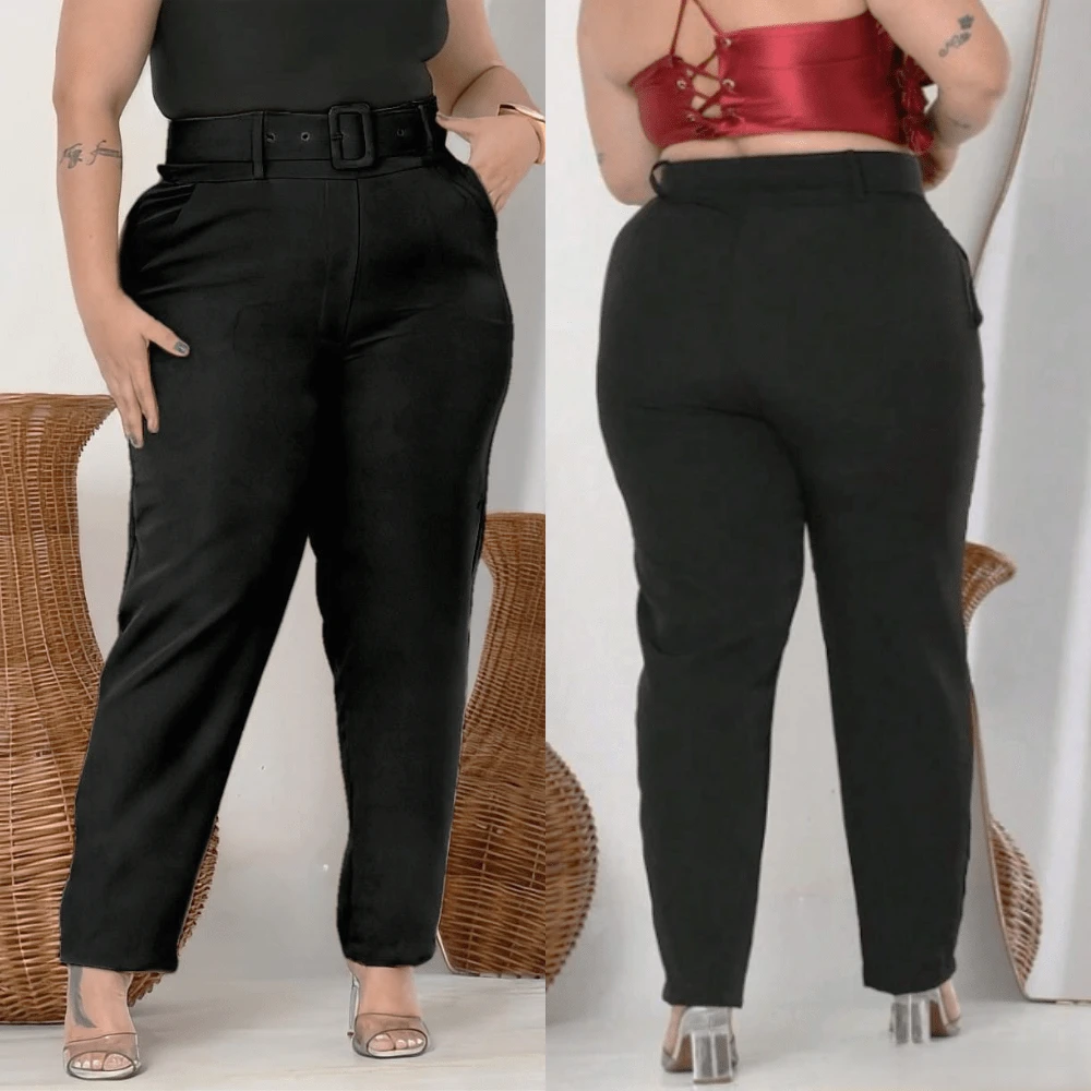 Kit 2 Pants Plus Belt Tailoring Plus Size High Waist Elegant Casual Promotion - 黑色+黑色 - 查看 1