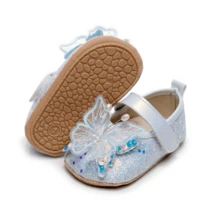 Baby Girl Dress Shoes Shiny 3D Butterfly Princess Mary Jane Flats Non-Slip Crib Shoes - Màu xanh lam - Xem 2