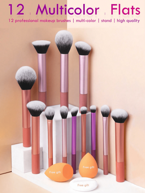 Set de 12 brochas de maquillaje de tubo largo multicolor + 2 esponjas como regalo; incluye brocha para rubor, brocha para polvo, brocha para contorno, brocha para sombras de ojos; herramienta de cosmética; alta calidad; nuevo lanzamiento
