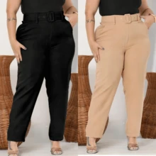 Kit 2 Pants Plus Belt Tailoring Plus Size High Waist Elegant Casual Promotion - 黑色+米色 - 查看 2