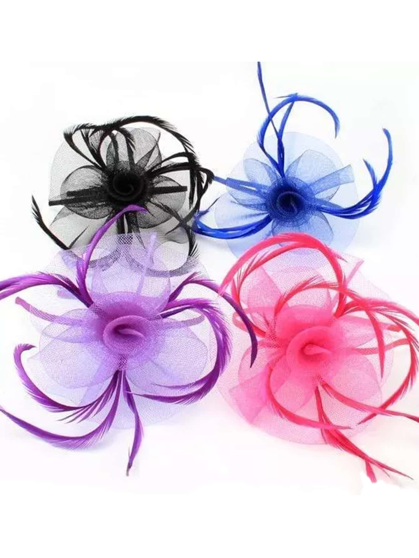 1Pc Fascinators Hats Hair Fascinator Mesh Flower & Feather Ribbon Wrapped Alice Band Wedding Races - Multicolor - View 1