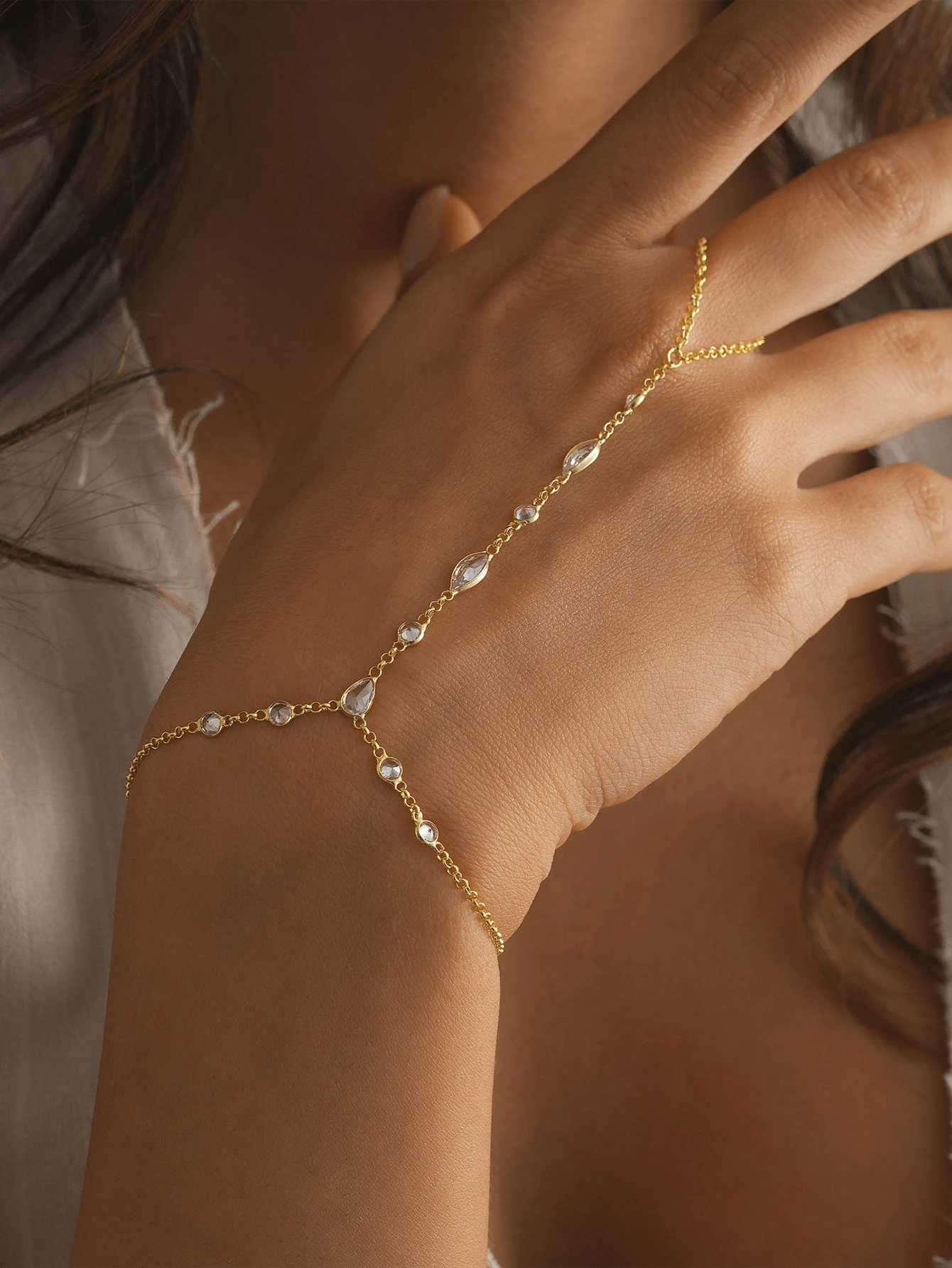 1pc Copper Inlaid Crystal Satellite Chain High-End Crystal Finger Ring & Bracelet, Suitable For Daily Wear, Parties, And Weddings - Gold - View 1