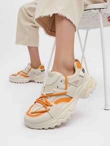 Chunky Sneakers With Neon Accents, Minimalist And Practical Multi-Functional - Beige - View 2