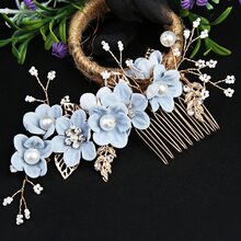 Bộ 4 chiếc lược cài tóc hình lá kim loại mạ vàng dành cho nữ, kẹp tóc hoa bằng vải, phụ kiện tóc đính ngọc trai và đá quý, trang trí đám cưới cô dâu, phụ kiện ngày Valentine. - Màu xanh lam - Xem 6