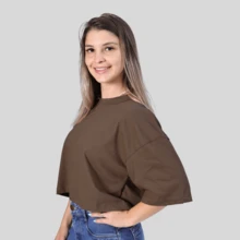 Women's Cropped Oversized Loose T-Shirt Blouse Casual Fashion - 鏽棕色 - 查看 2