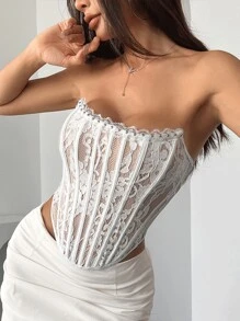 Elegante parte superior de corpiño con estampado floral y encaje con volantes en el borde, diseño de corsé ajustado con botones a presión