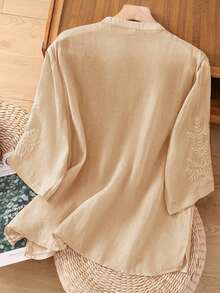 Women's Solid Color Casual Loose Fitting Embroidery Linen Blouse, Spring/Summer - Apricot - View 3