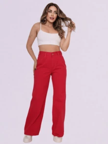 BNB Women's Wide Leg Jeans High Waist Elegant Outfits Premium Twill - 玫紅色 - 查看 3