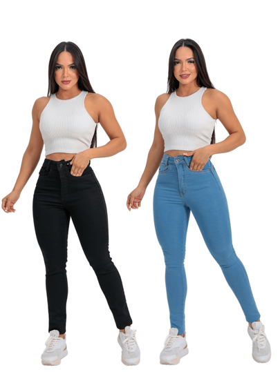 kit 2 Calças Jeans feminina Skinny Premium com  Lycra JeansBolsoBotãoZíperCasual Diário