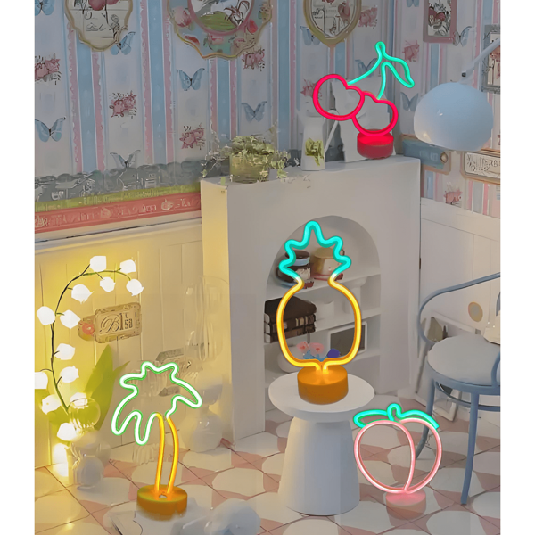[4 tipos disponibles] Lámpara con forma de fruta LED creativa con base, luz suave de decoración de ambiente para el hogar, fiesta, dormitorio con doble alimentación USB/Batería (Piña/Melocotón/Cereza/Árbol de coco)