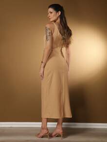 LXC Women's White One Shoulder Long Bridesmaid Dress With Side Slit - Khaki - View 6