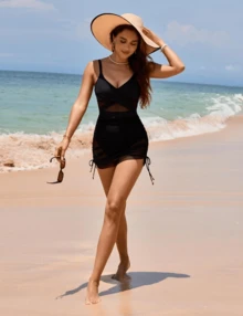Women One Piece Swim Dress Tummy Control Swimsuits Slimming Mesh Sheer Sarong Wraps Bathing Suit - 炭黑色 - 查看 3