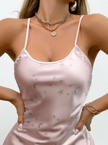 Sexy Star Print Satin Strapless Sleeping Dress With Exposed Back, Woven Polyester Adult Robe For All Seasons