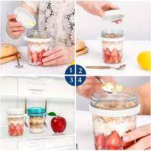 350ml New Glass Jar Water Cup With Spoon And Lid, Overnight Oat Cup Mason Sealed Glass Cup Portable Salad Cup With Lid Spoon