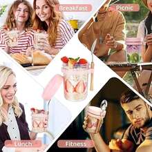 350ml New Glass Jar Water Cup With Spoon And Lid, Overnight Oat Cup Mason Sealed Glass Cup Portable Salad Cup With Lid Spoon