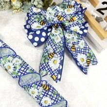 2 Rolls Floral Ribbon 2.5 Inches, Blue Daisy Floral And Bee Burlap Ribbon Gingham Polka Dot Print, For Spring Crafts Gift Wrapping Wreath Bow Decoration - Multicolor - View 7