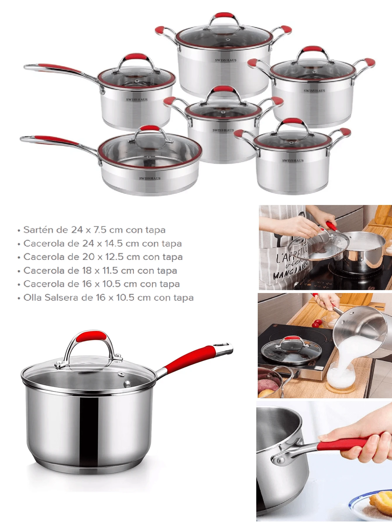 Batería De Cocina Swiss Haus 12piezas de Acero Inoxidable Rubi - Plateado - Ver 1
