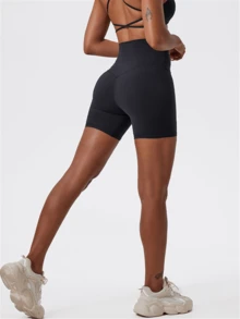 Quần short thể thao nữ co giãn cao, in chữ, màu nude, thích hợp cho yoga, thể thao, đạp xe, chạy bộ, tập gym, trong nhà và ngoài trời, chất liệu thoáng khí, quần tập thể dục mùa hè màu đen. - màu đen - Xem 5
